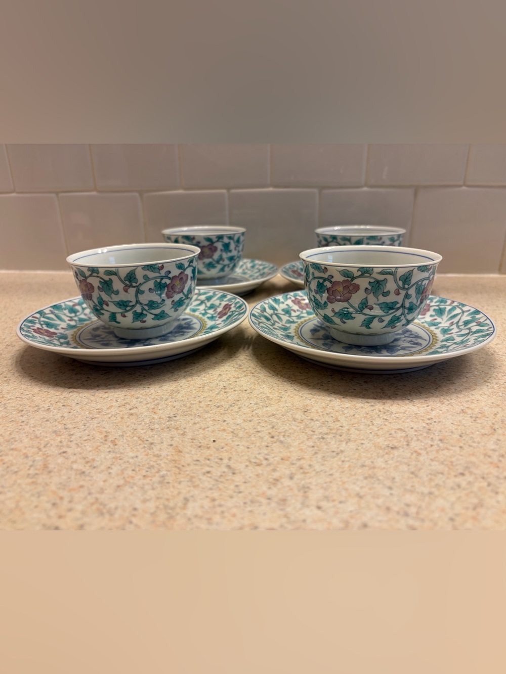 Vintage Arita Floral Porcelain Tea Cup and Saucer Set - Green and Pink - Picture 2 of 12